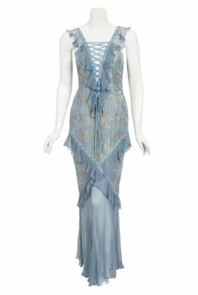 2003 Christian Dior by Galliano Metallic Blue Silk Lace-Up Bias Cut Gown