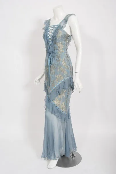 2003 Christian Dior by Galliano Metallic Blue Silk Lace-Up Bias Cut Gown