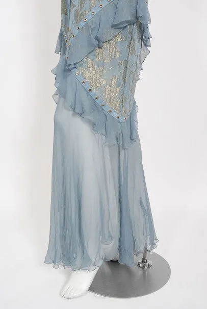 2003 Christian Dior by Galliano Metallic Blue Silk Lace-Up Bias Cut Gown