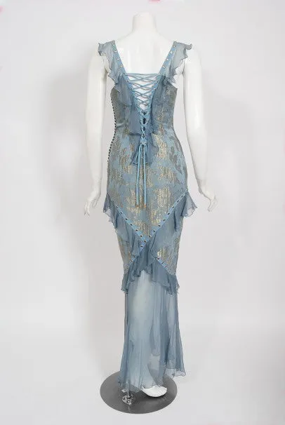 2003 Christian Dior by Galliano Metallic Blue Silk Lace-Up Bias Cut Gown