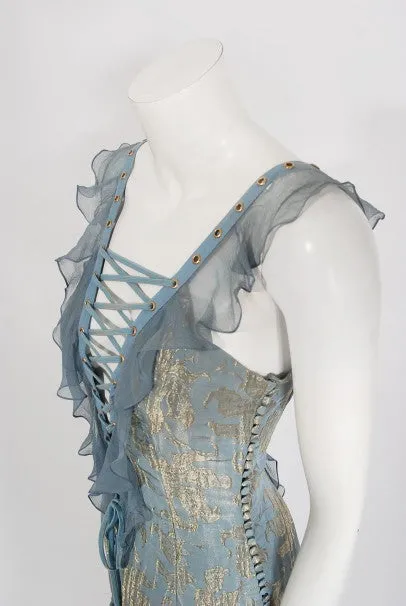 2003 Christian Dior by Galliano Metallic Blue Silk Lace-Up Bias Cut Gown