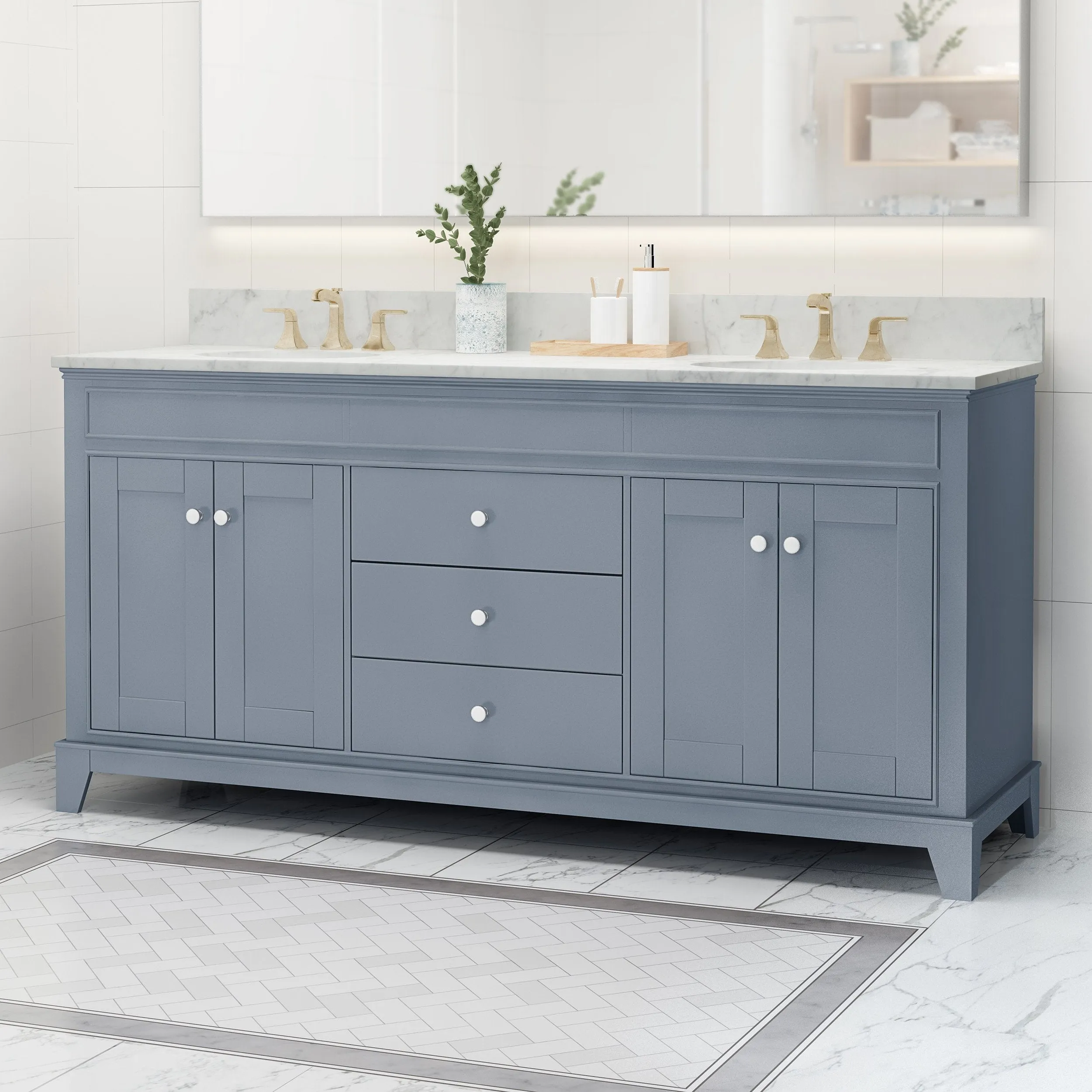 72" Wood Double Sink Bathroom Vanity with Marble Counter Top with Carrara White Marble - NH109703