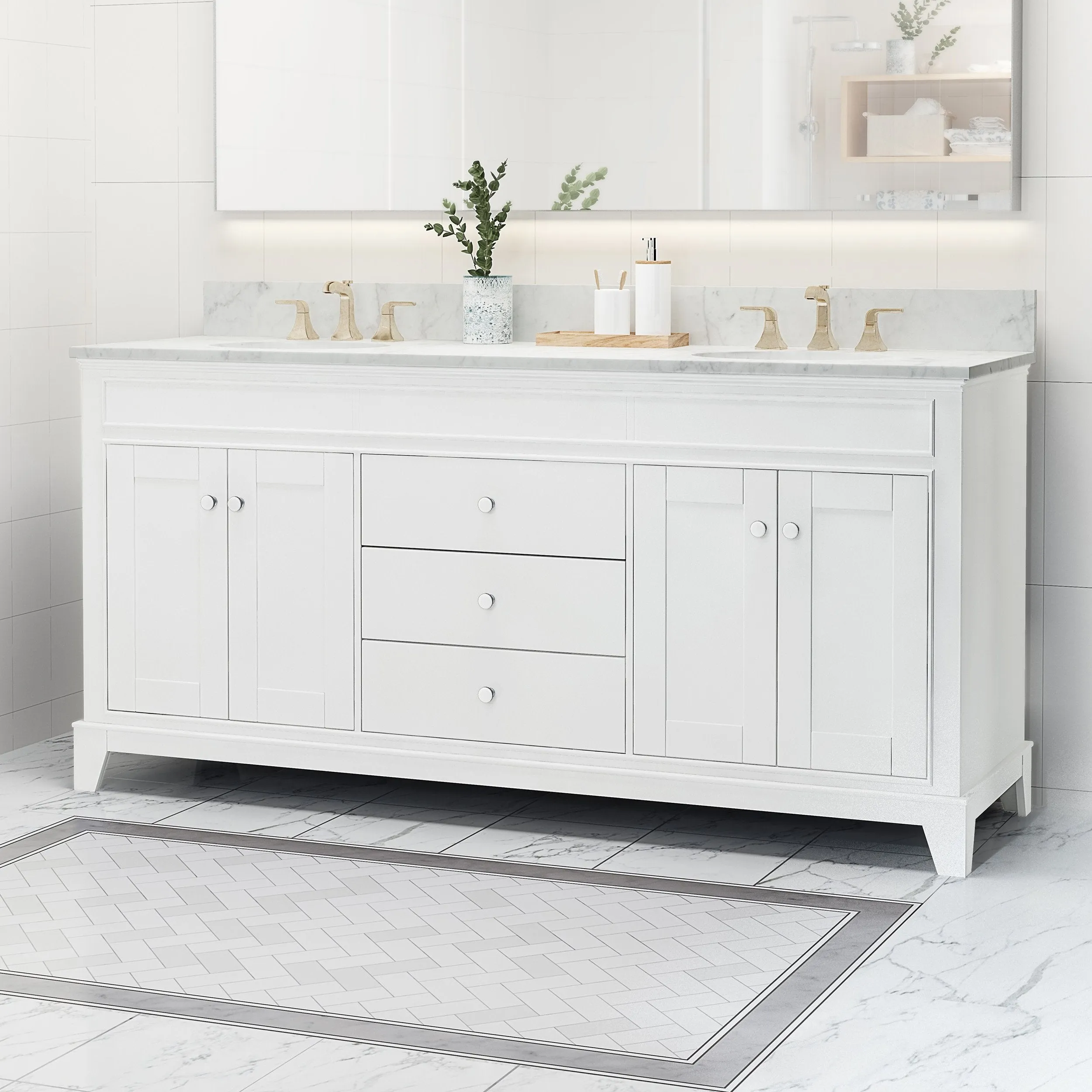 72" Wood Double Sink Bathroom Vanity with Marble Counter Top with Carrara White Marble - NH109703