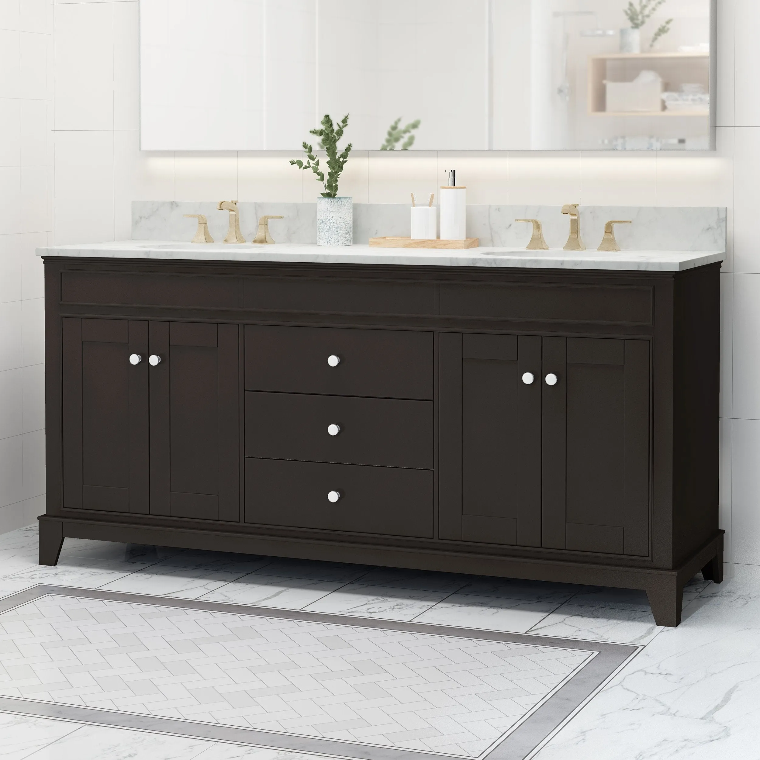 72" Wood Double Sink Bathroom Vanity with Marble Counter Top with Carrara White Marble - NH109703