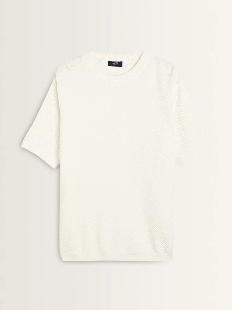 Ascot White Self-Textured Relaxed-Fit Cotton T-Shirt