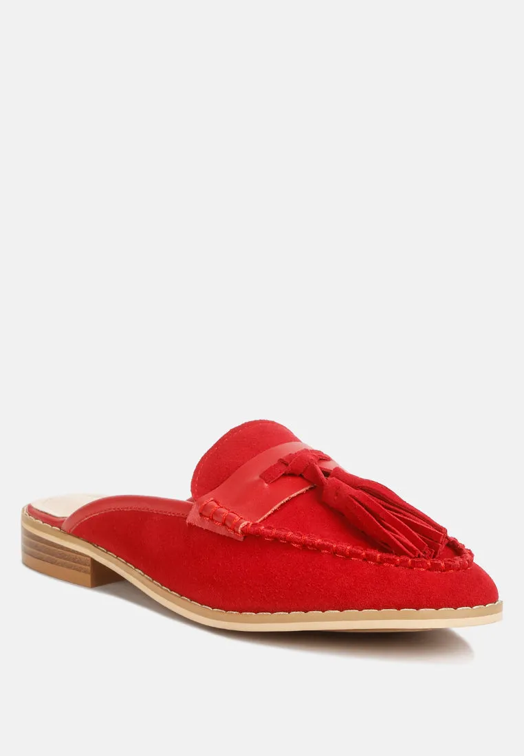 EDMANDA Tassle Detail Leather Mules in Red