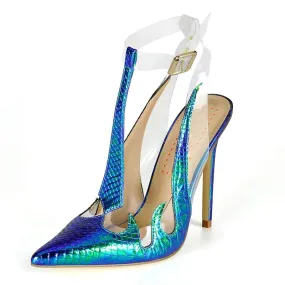 Elegant Snake Print Hologram T-Strap Heels