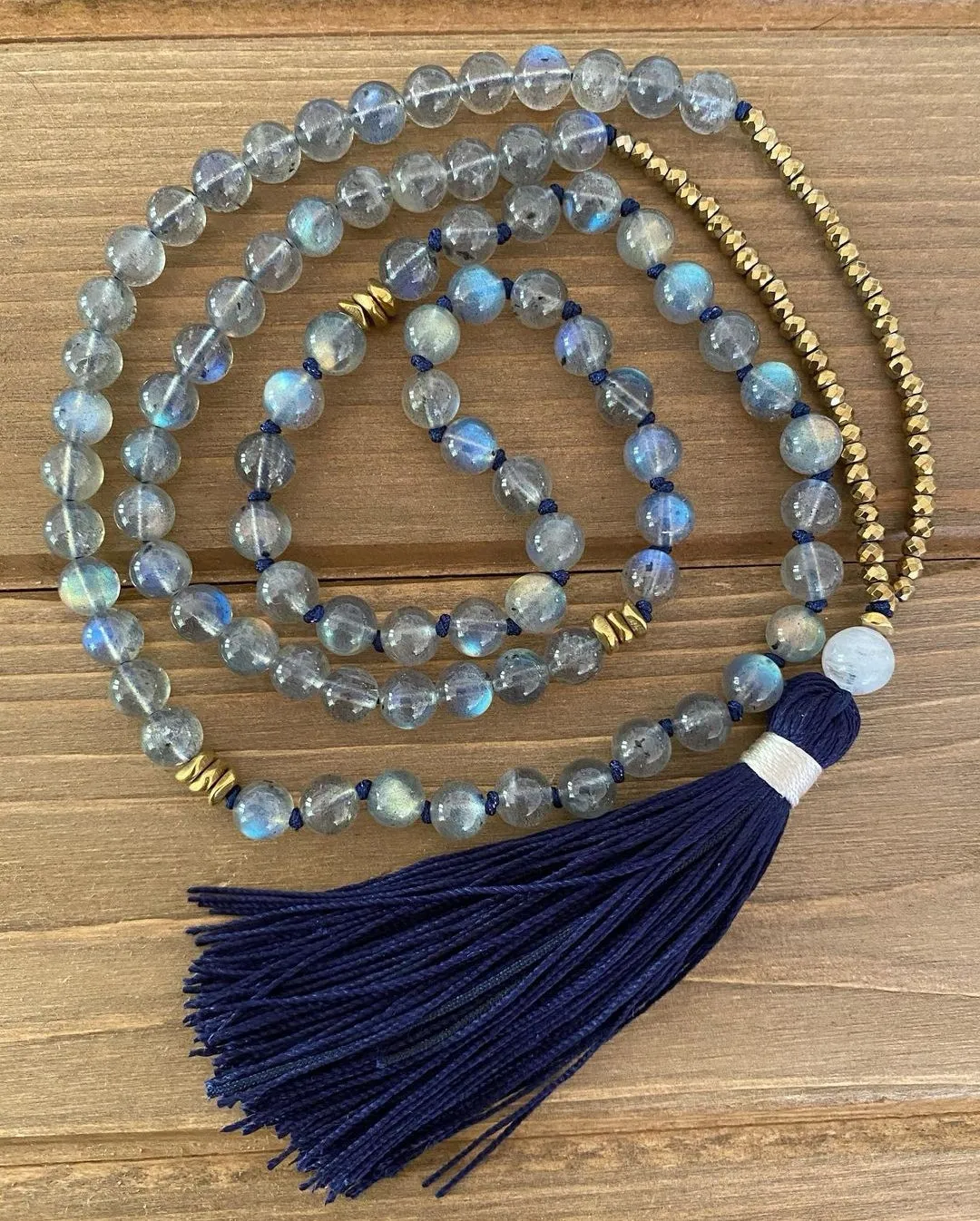 Rainbow Labradorite Mala Tassel Necklace