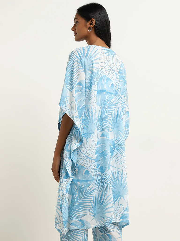 Utsa Blue Leaf Patterned A-Line Kaftan-Style Kurta